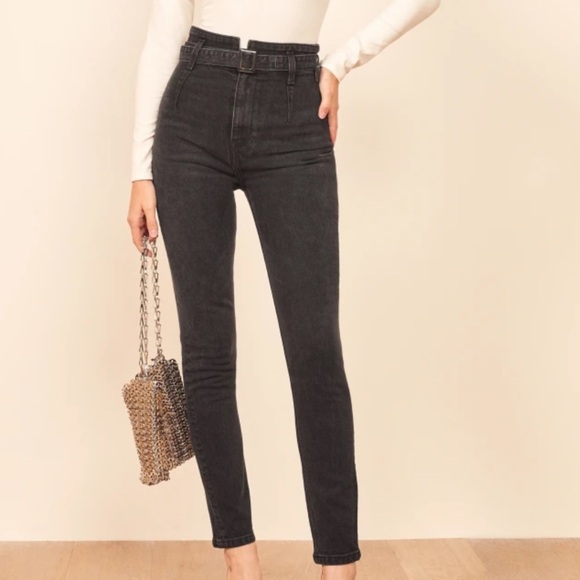 Reformation Kayo High and Skinny Belted Jeans Black Size 25 - Picture 1 of 8